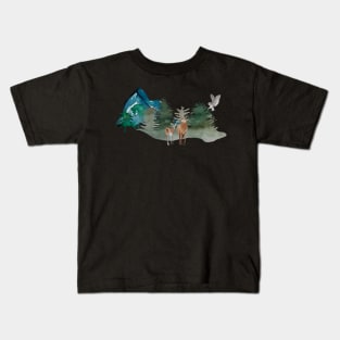 watercolor landscape with deers and owl Kids T-Shirt